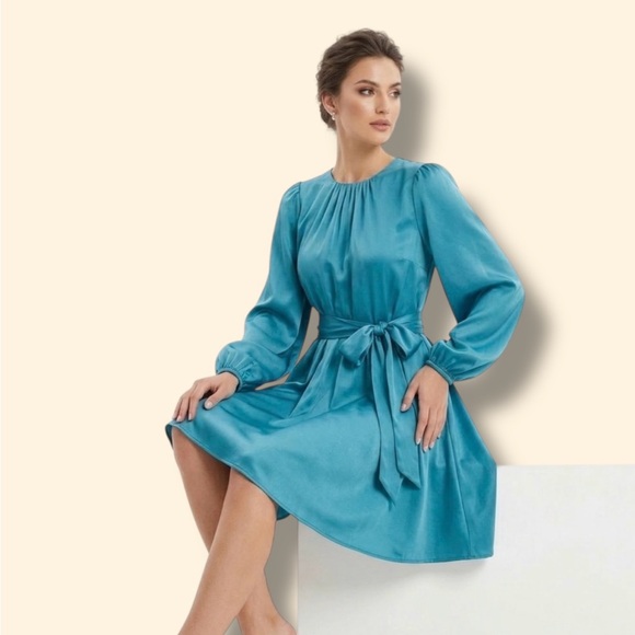 Teal Long-Sleeve Tie-Waist Mini Dress - Picture 3 of 6